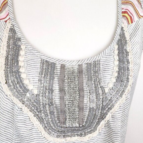 A Common Thread Silk Blend Striped Sequin Lace Metallic Gray Flowy Tank Top L - Picture 2 of 8